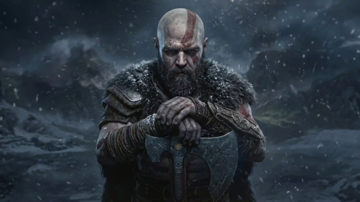 Kratos God of War Ragnarok wallpaper featuring the Ghost of Sparta holding the Leviathan Axe in a snowy Nordic landscape with cinematic lighting