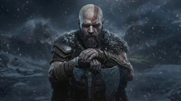 Kratos God of War Ragnarok wallpaper featuring the Ghost of Sparta holding the Leviathan Axe in a snowy Nordic landscape with cinematic lighting