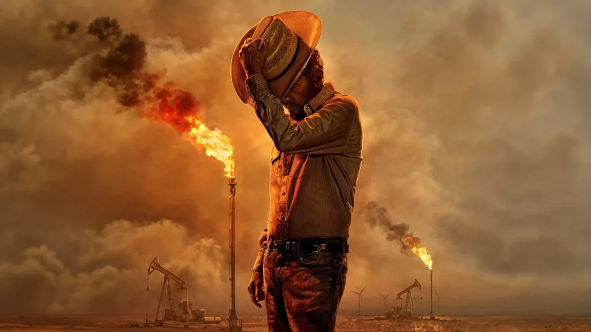 Cowboy standing in an oil field surrounded by fire and smoke with dramatic cinematic western atmosphere