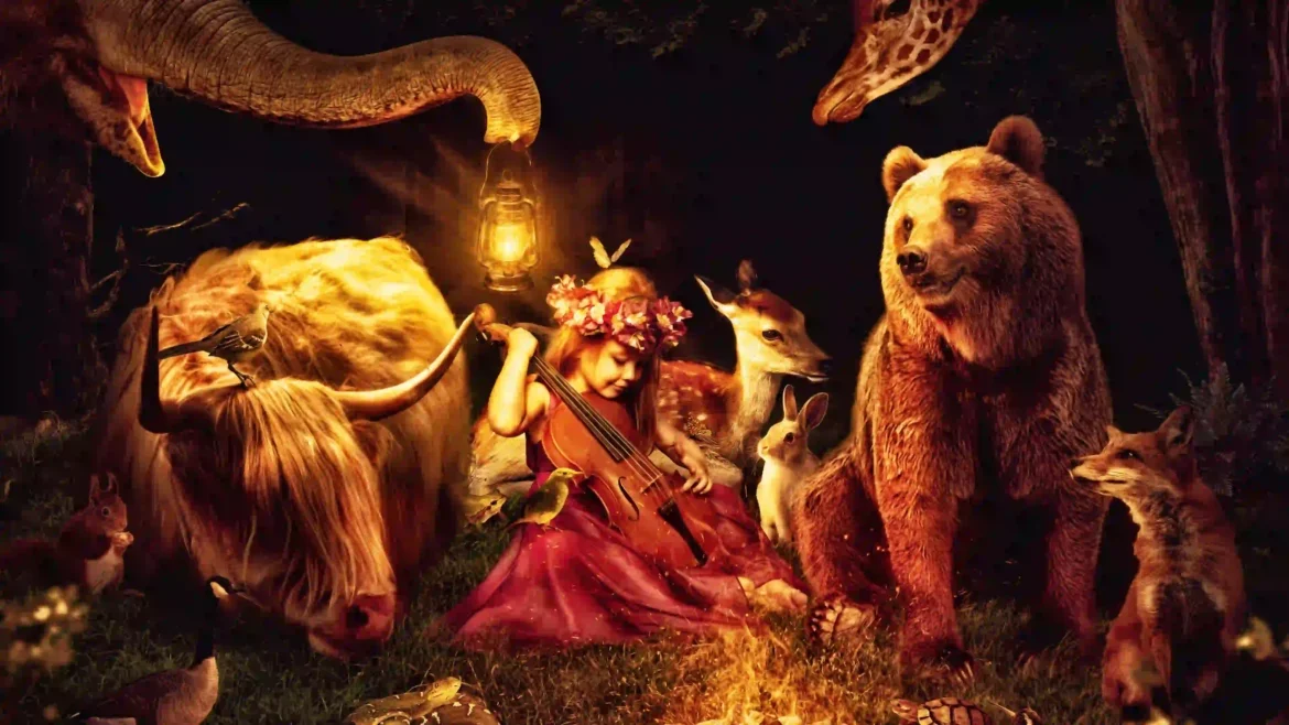 Little girl with a flower crown playing cello for a bear fox and highland cow around a campfire 4K fantasy wallpaper