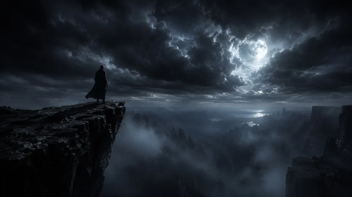 Cloaked silhouette standing on a high cliff edge looking at a bright full moon through dark storm clouds 4K dark fantasy wallpaper