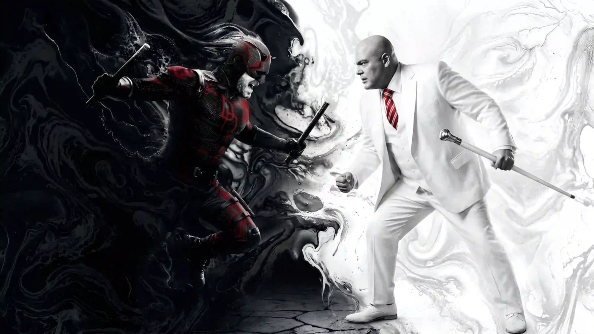 Daredevil in a red suit fighting Kingpin in a white suit with black and white ink splash 4K wallpaper