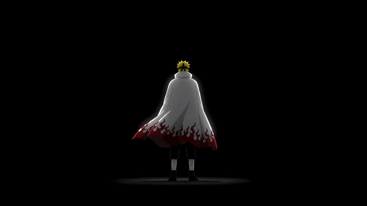 Minato Namikaze from behind wearing a white Hokage cloak with red flames on a black background 4K minimalist anime wallpaper