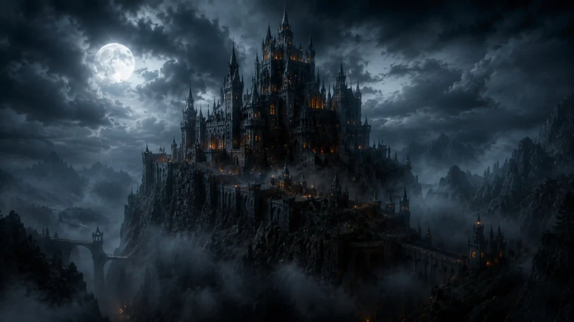 Dark fantasy castle wallpaper featuring a massive gothic fortress beneath a full moon with dramatic clouds, misty mountains, and cinematic night lighting