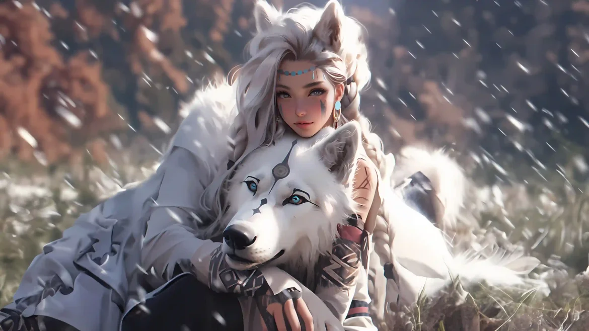 Mystical anime girl with white spirit wolf companion in snowy landscape 4K wallpaper