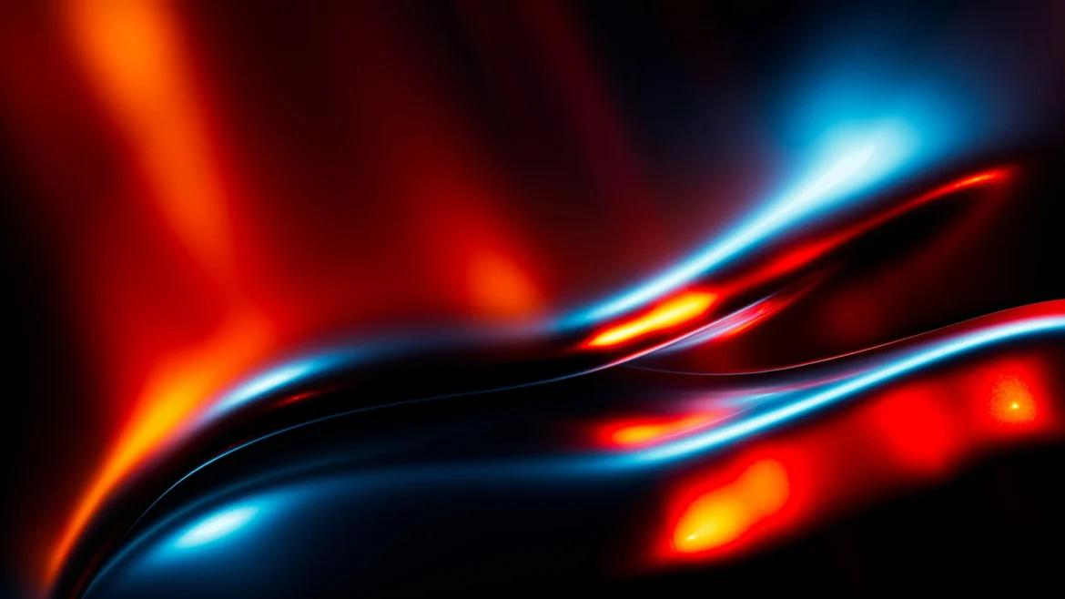 Neon abstract wallpaper featuring glowing red and blue light waves with smooth metallic curves in vibrant 4K Ultra HD