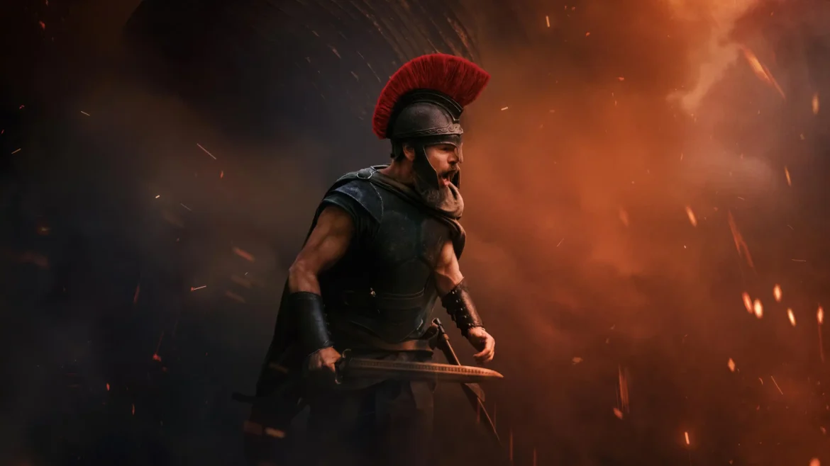 Matt Damon as Odysseus wearing a red crested helmet yelling in battle 4K movie wallpaper
