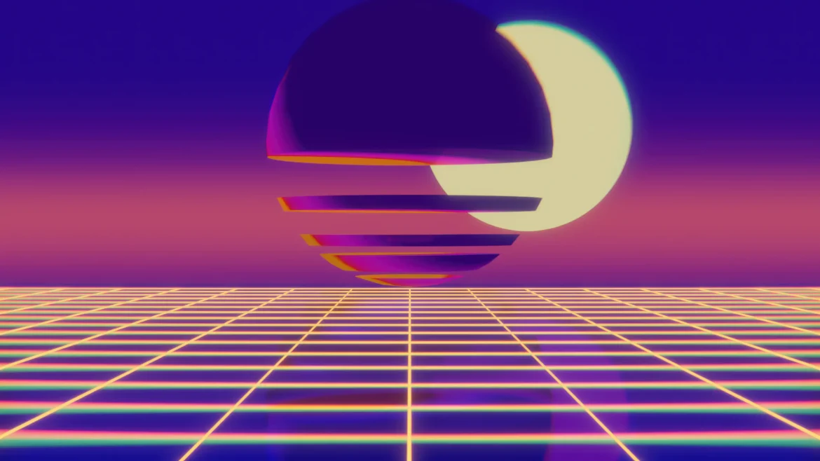 Retro vaporwave sunset with floating neon sphere and glowing grid 4K wallpaper