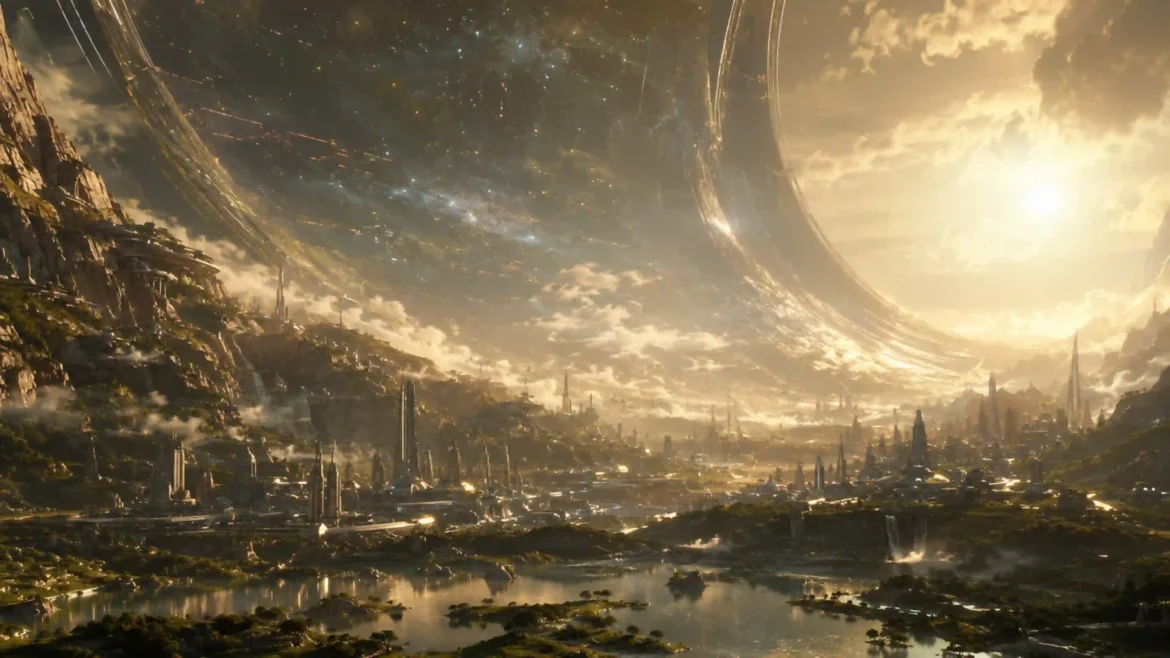 Massive ringworld megastructure above a futuristic city landscape in stunning 4K resolution