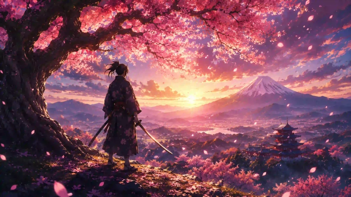 Anime samurai standing under a cherry blossom tree looking at Mount Fuji and a pagoda at sunrise 4K wallpaper