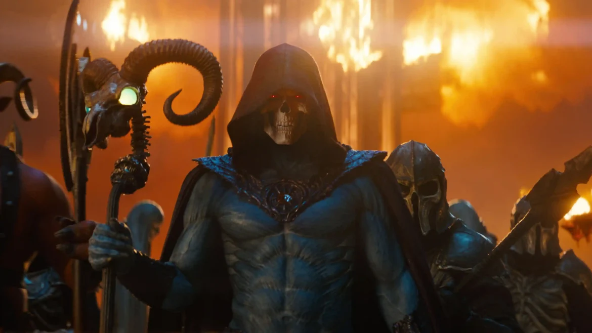 Skeletor Masters of the Universe 4K wallpaper featuring the iconic villain with glowing red eyes, Havoc Staff, skeletal army, and a fiery fantasy battlefield