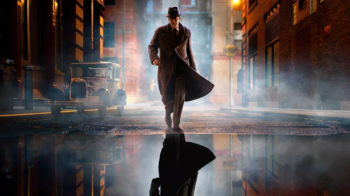 Noir detective walking through a foggy city alley at night 4K wallpaper
