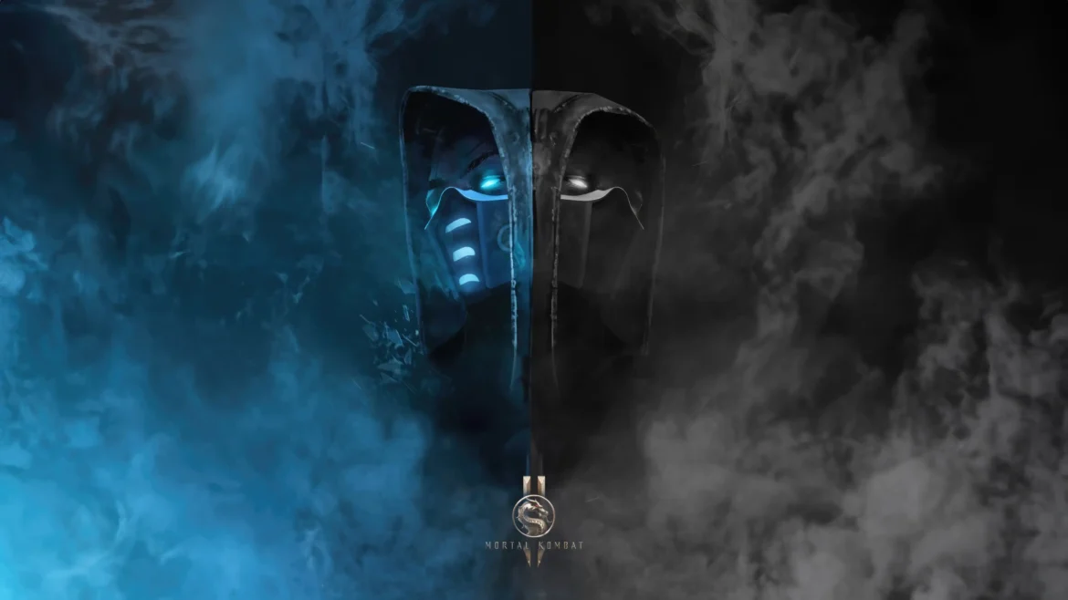 Sub-Zero wallpaper featuring a masked warrior surrounded by blue and black smoke with glowing icy eyes in a dramatic 4K gaming artwork