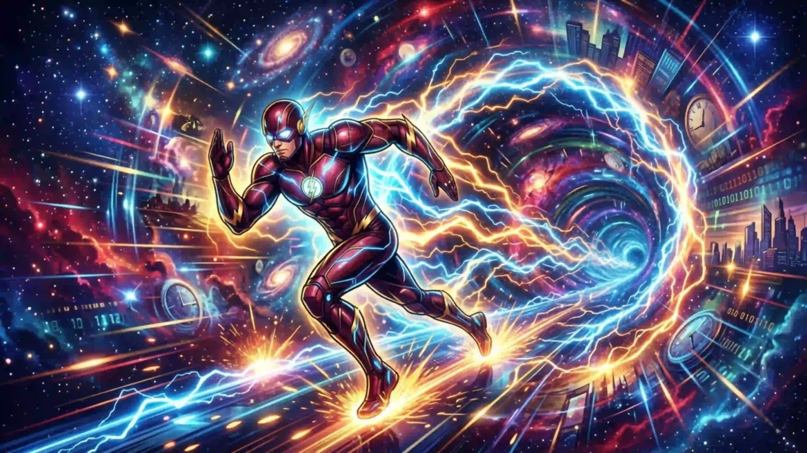 The Flash Speed Force wallpaper featuring the DC superhero running through a multiverse vortex filled with lightning and cosmic energy