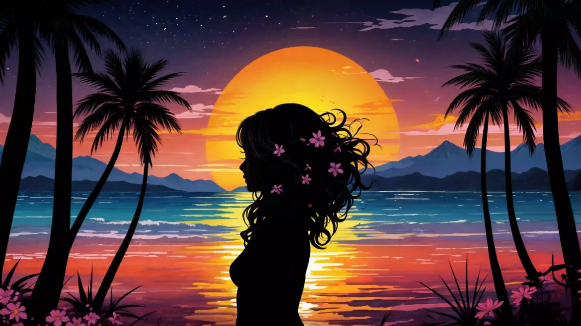 Anime silhouette girl standing by a tropical beach at sunset with palm trees, ocean reflections, and vibrant evening sky