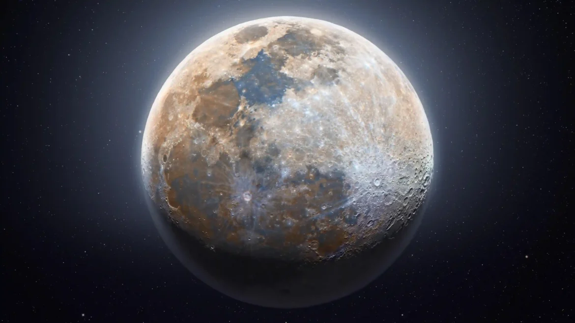 High detail mineral moon astrophotography with blue and orange surface colors 4K space wallpaper