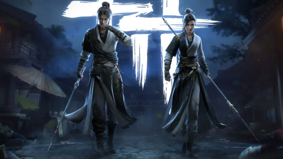 Where Winds Meet wallpaper featuring Jiang Yan and Ruby walking through a misty ancient town with glowing wuxia fantasy atmosphere