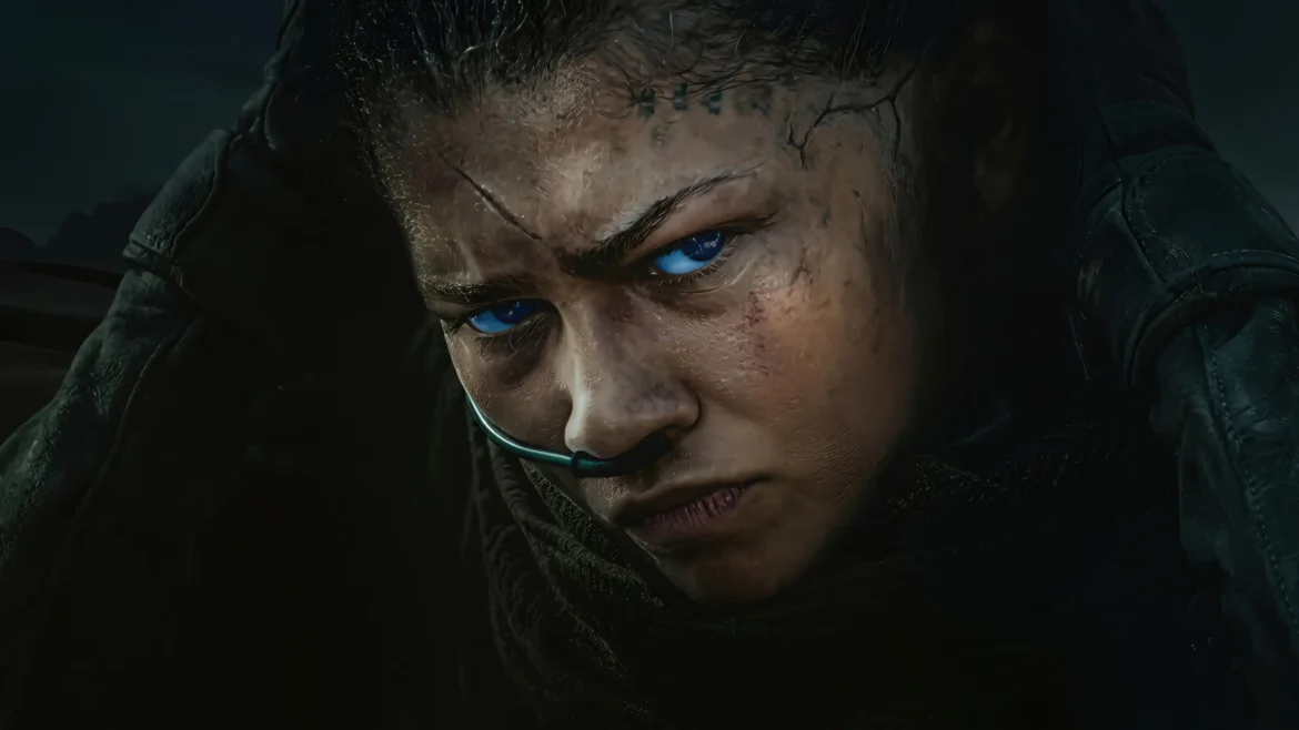 Zendaya as Chani with glowing blue eyes wearing a stillsuit in Dune Part Three 4K movie wallpaper