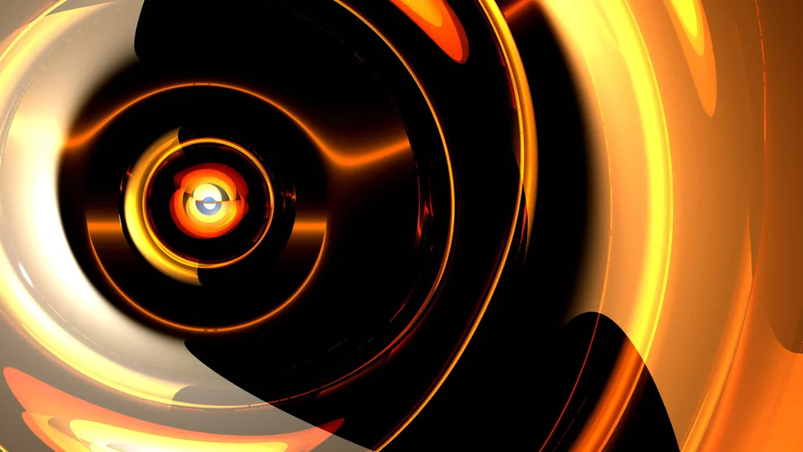 Abstract golden spiral 4K wallpaper featuring glowing concentric rings, radiant orange light, metallic reflections, and futuristic circular geometry