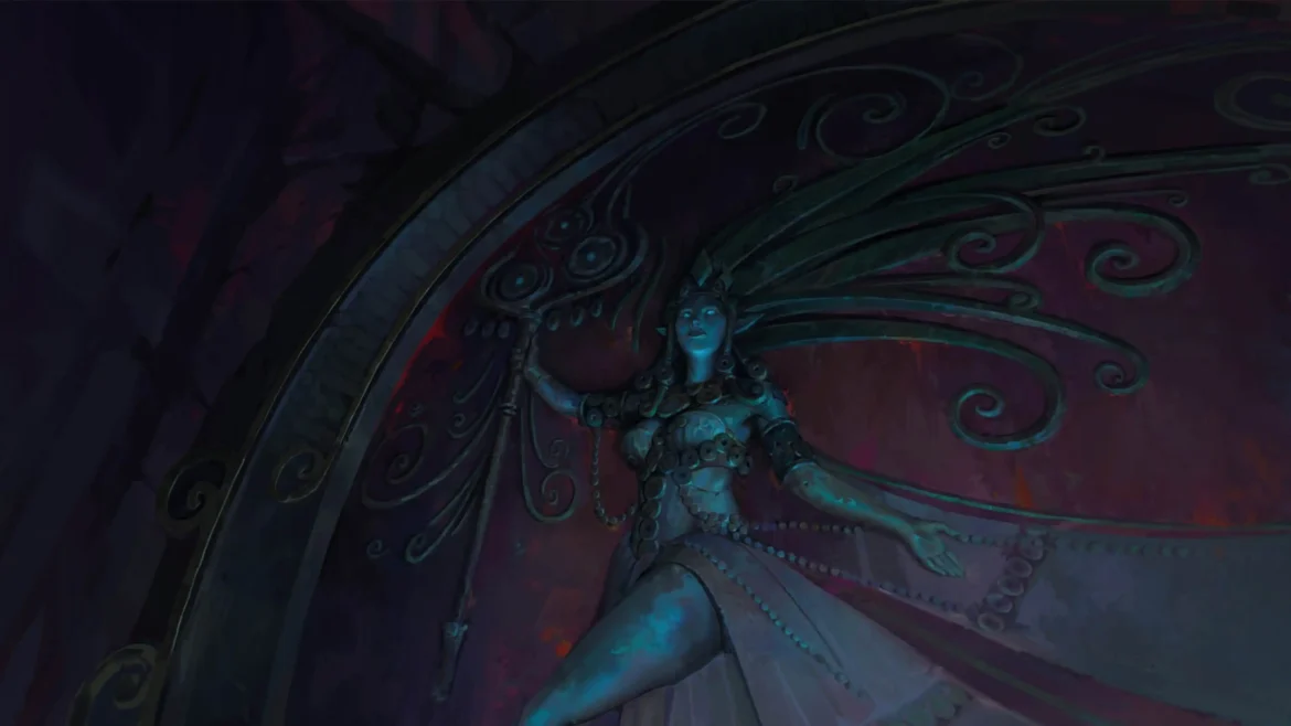 Mystical moon priestess standing before a glowing celestial gate inside a dark fantasy temple in an Ultra HD 4K wallpaper