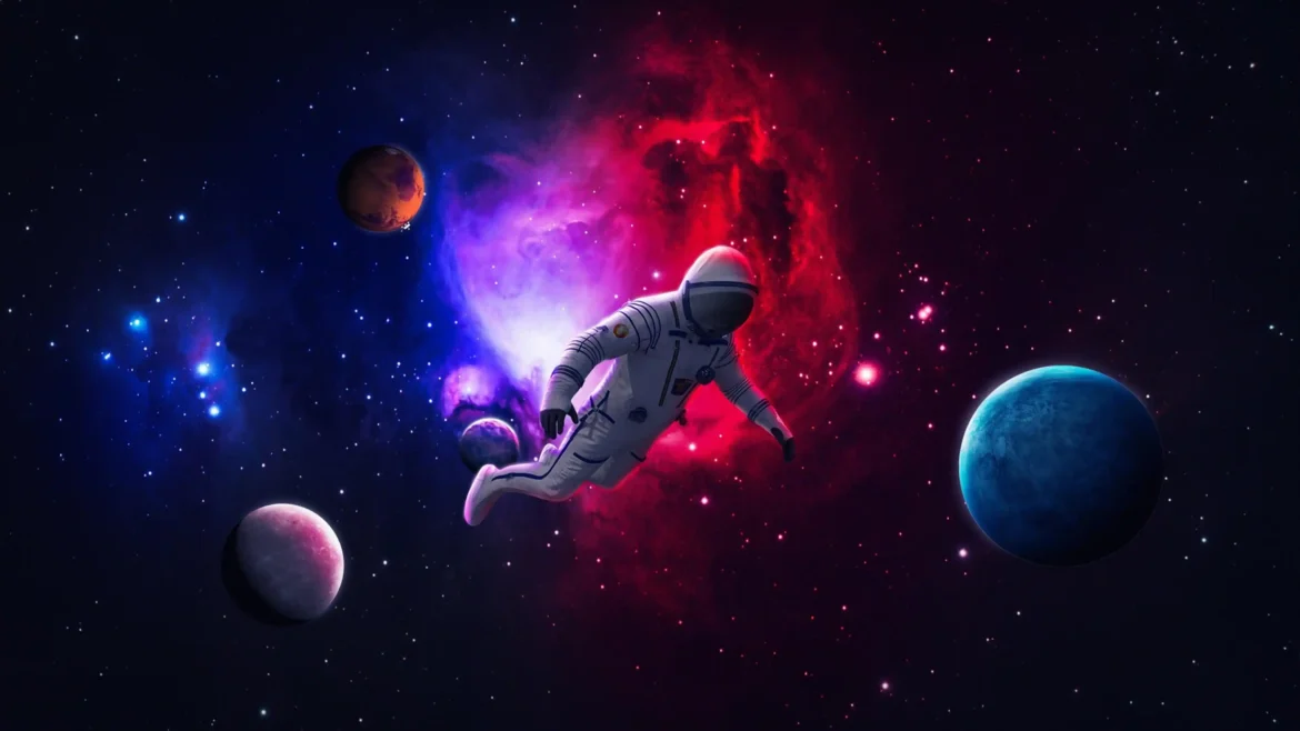 Astronaut floating through a colorful cosmic nebula surrounded by planets and stars in stunning 4K space artwork