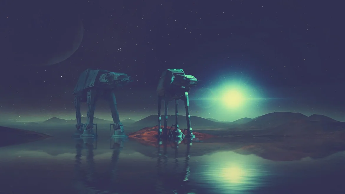 Two Imperial AT-AT walkers standing beneath a glowing alien sky with reflections in calm water in a Star Wars 4K wallpaper