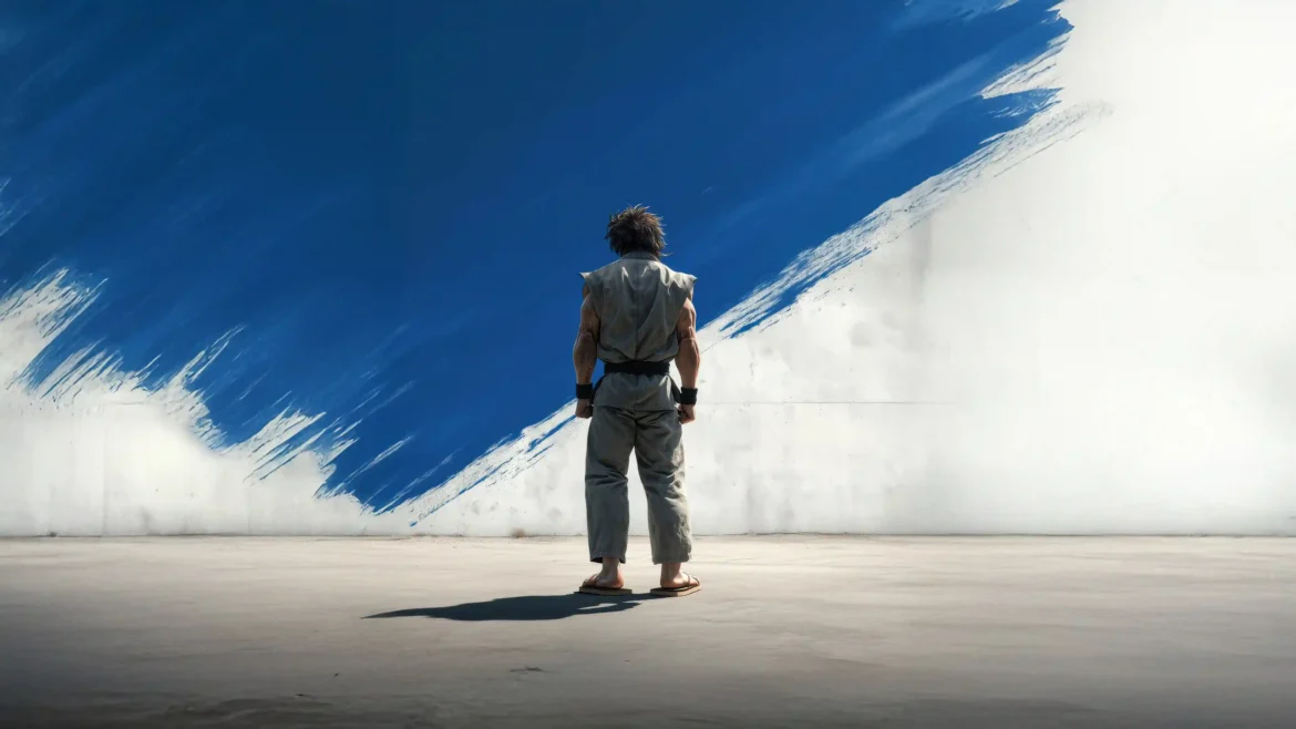 Baki Hanma standing against a minimalist blue abstract background, Baki the Grappler Ultra HD 4K anime wallpaper