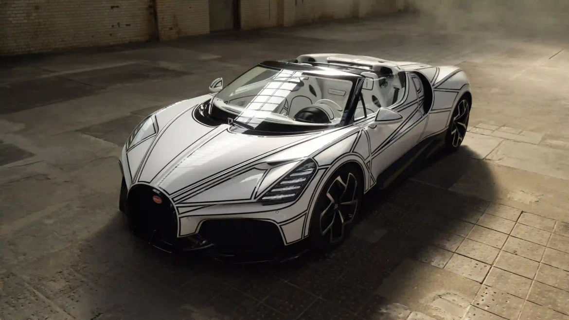 Bugatti W16 Mistral Blanc Éternel 4K wallpaper featuring a white luxury hypercar with black graphic accents in a modern industrial setting
