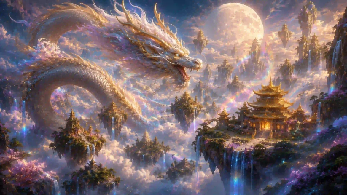 Celestial white dragon flying above floating islands, golden temples, waterfalls, and clouds, Ultra HD 4K fantasy wallpaper