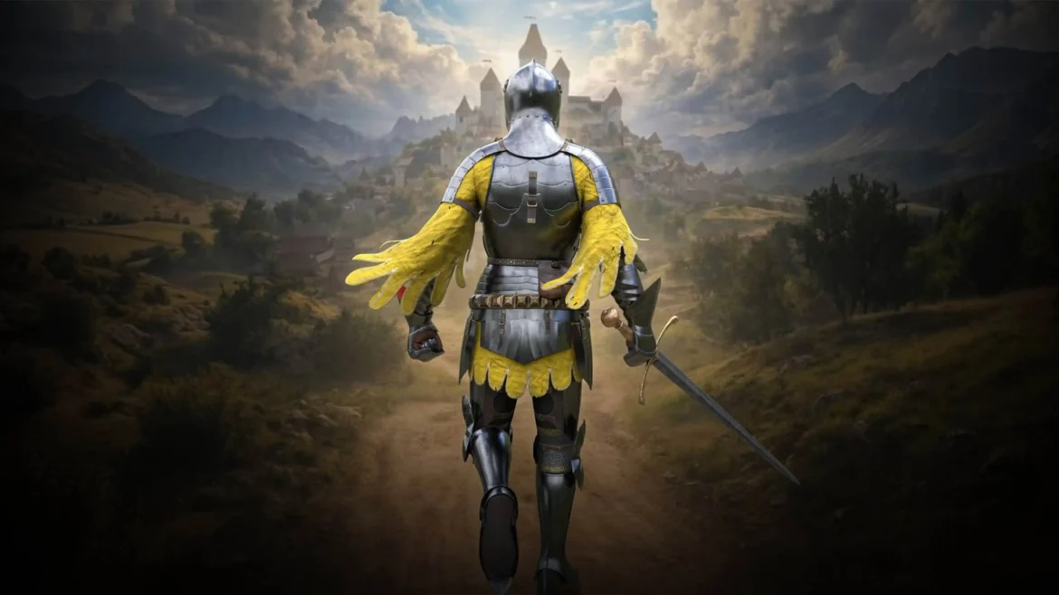 Armored knight walking toward a medieval castle with sword in hand in epic Chivalry 2 inspired 4K artwork
