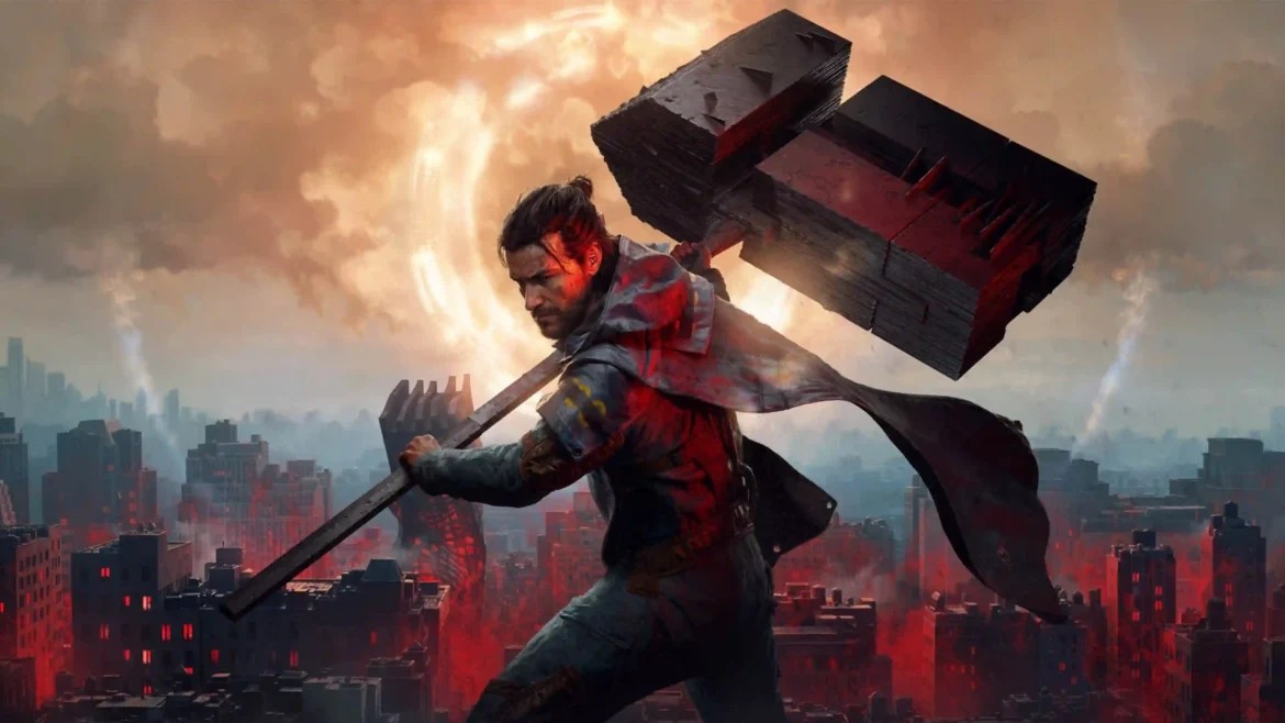 A lone warrior carrying a colossal hammer above a crimson city in a cinematic Control-inspired 4K gaming wallpaper