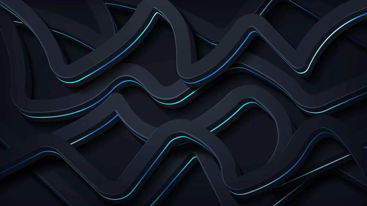 Dark abstract 3D waves with glowing blue neon lines, modern minimalist Ultra HD 4K wallpaper