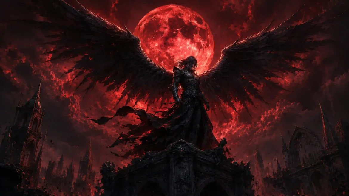 Dark fallen angel with massive black wings standing before a crimson blood moon above gothic ruins in stunning Ultra HD 4K fantasy artwork