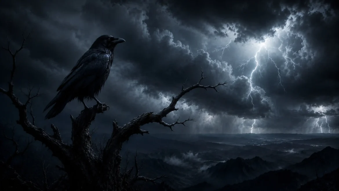 Dark raven perched on a dead tree during a lightning storm with dramatic thunderclouds in a cinematic 4K Ultra HD wallpaper