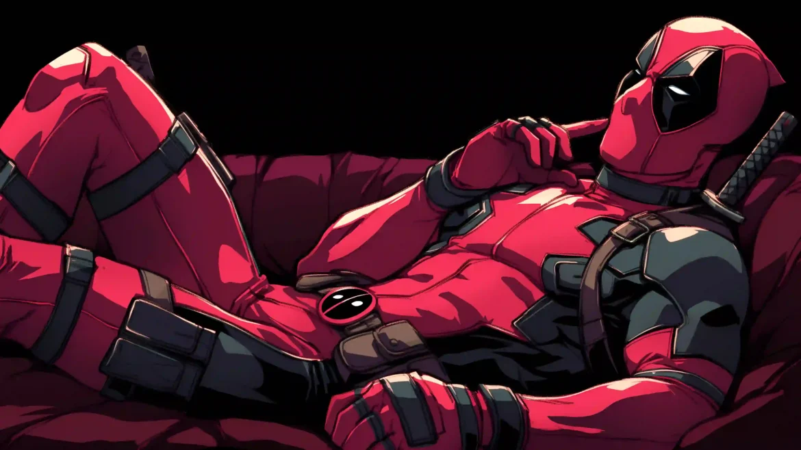 Deadpool relaxing in his iconic red and black suit on a dark background in stylish Marvel-inspired 4K wallpaper