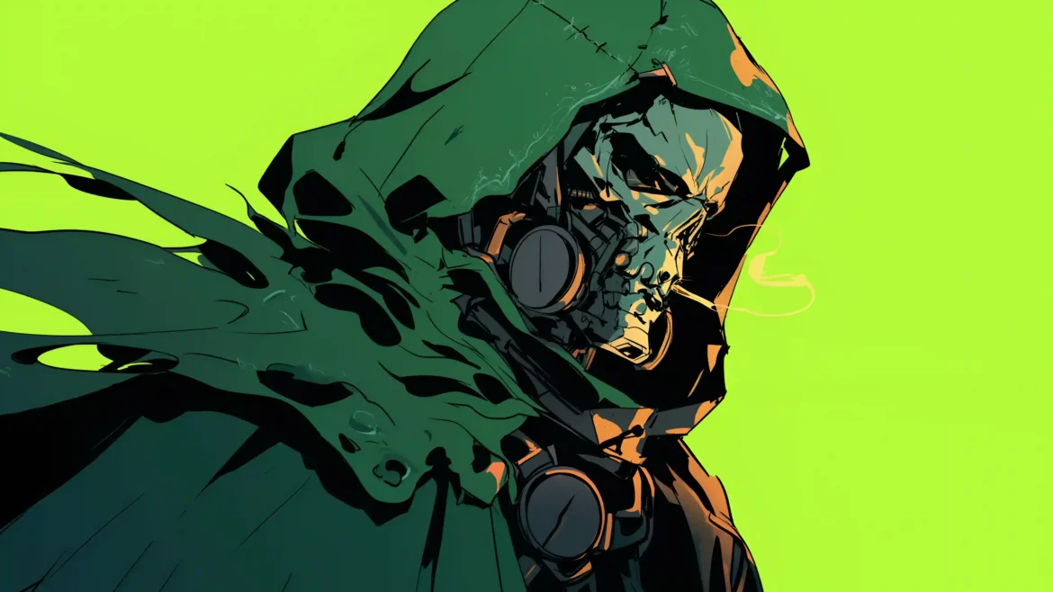 Doctor Doom wearing a green hood and metallic mask in stylized Marvel comic artwork, Ultra HD 4K wallpaper
