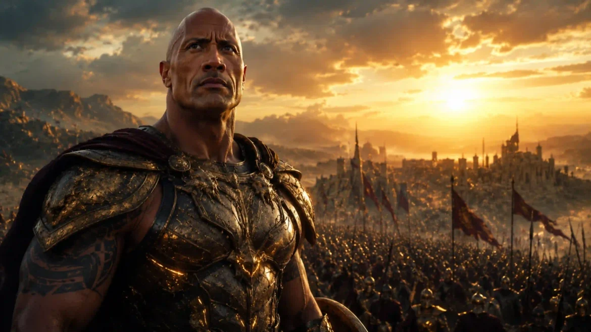 Dwayne Johnson wearing ornate warrior armor overlooking a massive medieval army at sunset in cinematic 4K artwork