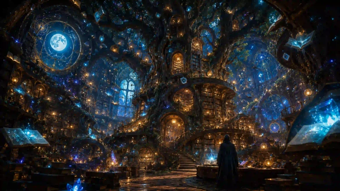 A magical library built around a colossal world tree with glowing books, floating crystals, and moonlit fantasy architecture in a 4K wallpaper