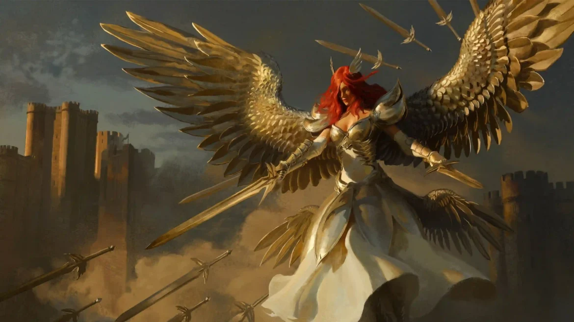 Erza Scarlet from Fairy Tail in silver Heavens Wheel armor with steel wings summoning floating swords 4K anime wallpaper