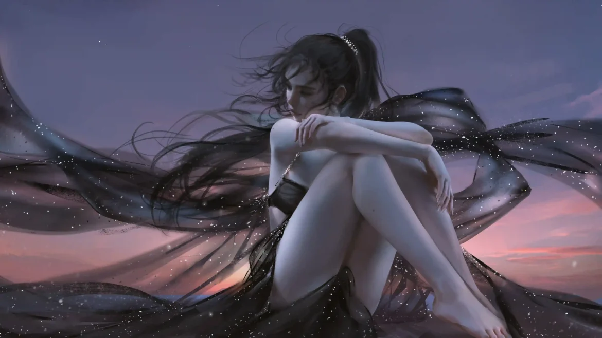Ethereal anime girl relaxing at twilight with flowing black veil, long dark hair, and dreamy pastel sky in stunning 4K wallpaper