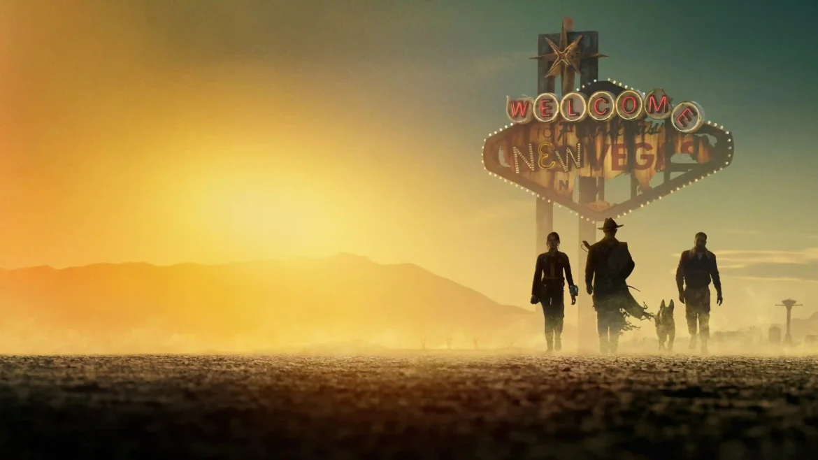 Fallout Season 2 New Vegas 4K wallpaper featuring Lucy, The Ghoul, Maximus, Dogmeat, and the iconic Welcome to New Vegas sign at sunset