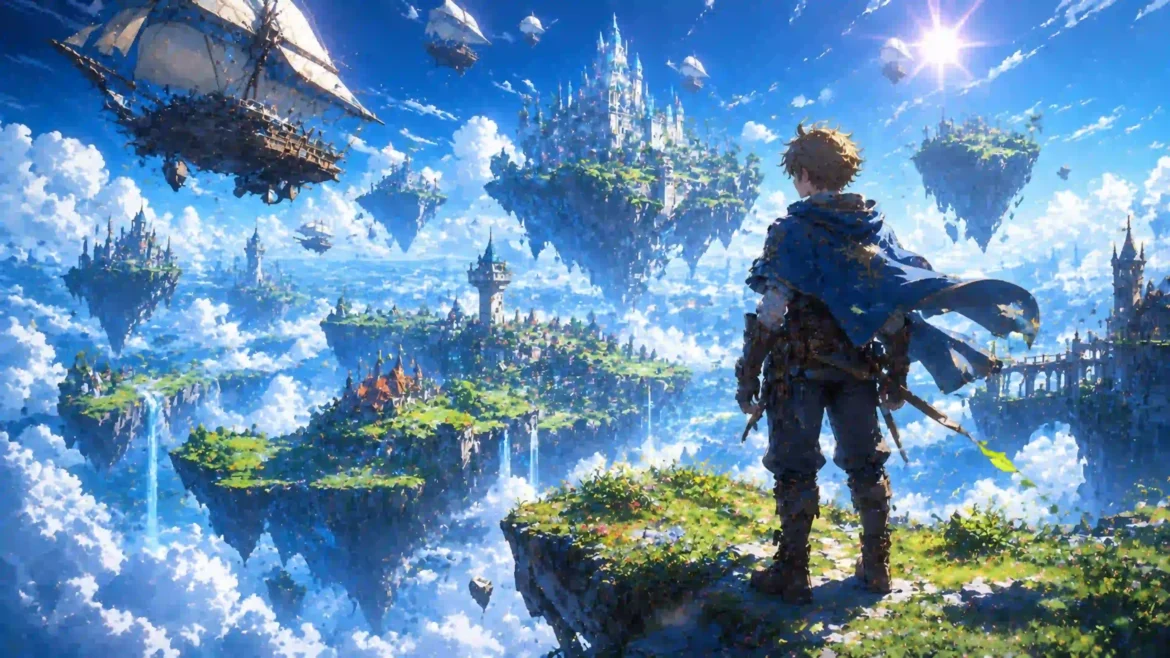 Fantasy floating sky islands with flying airships, a majestic castle, and a young adventurer overlooking a magical world in 4K Ultra HD wallpaper