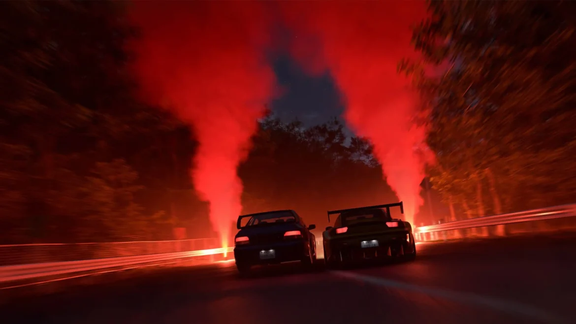 Forza Horizon 6 4K wallpaper featuring two sports cars racing at night with glowing red flares and cinematic lighting