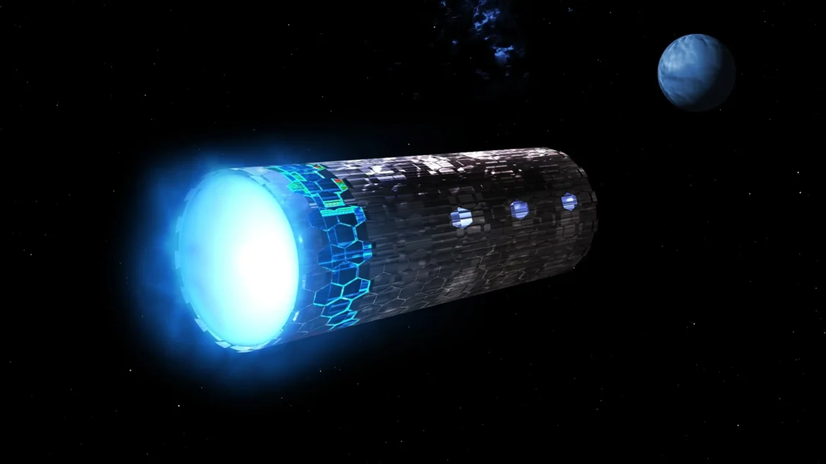 Massive futuristic cylindrical spacecraft with a glowing blue engine traveling through deep space near a distant planet, Ultra HD 4K sci-fi wallpaper