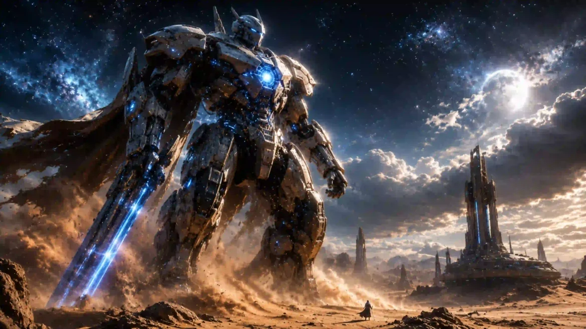 Galactic mech warrior 4K wallpaper featuring a colossal futuristic robot with glowing blue energy, an alien landscape, towering sci-fi structures, and a star-filled cosmic sky