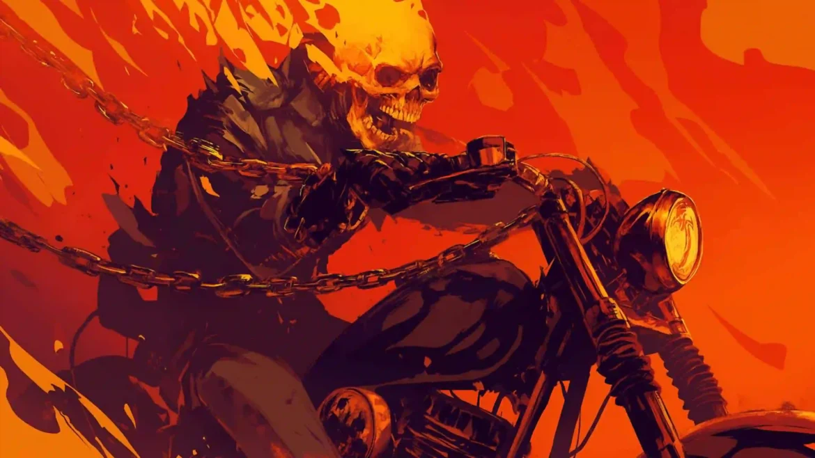 Ghost Rider 4K wallpaper featuring the flaming Spirit of Vengeance riding a motorcycle with blazing hellfire, chains, and a bold comic-style background
