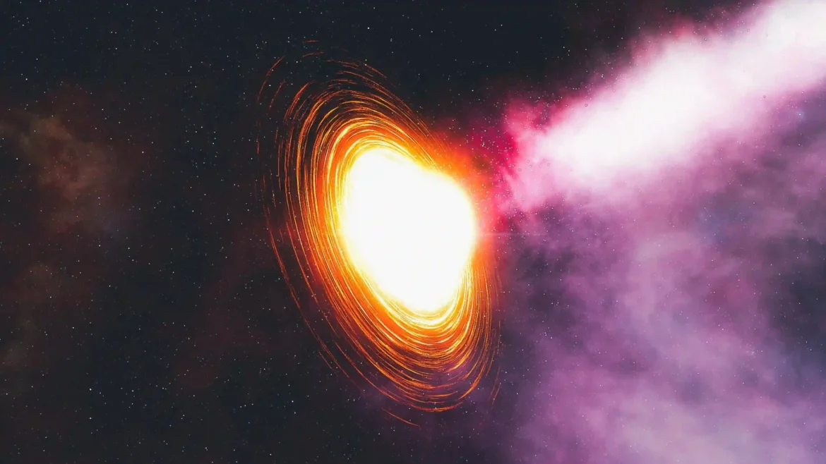 Glowing black hole with fiery accretion disk surrounded by colorful nebulae and stars in deep space 4K wallpaper