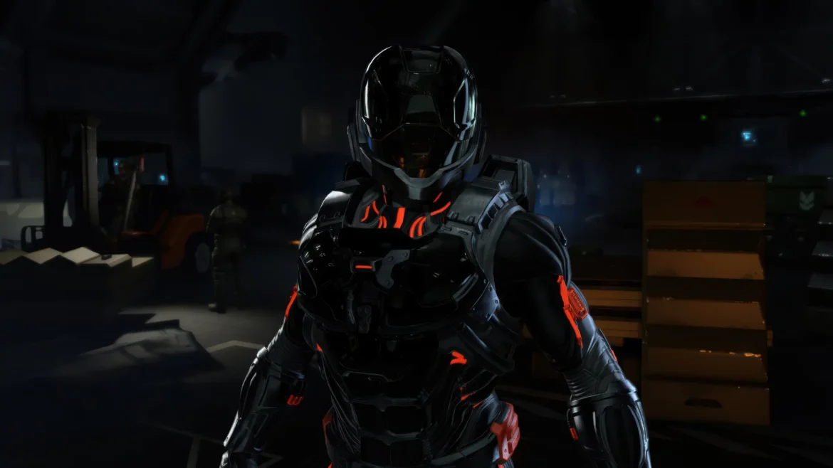 Halo Infinite Spartan wearing futuristic black Mjolnir armor with glowing red accents, Ultra HD 4K gaming wallpaper