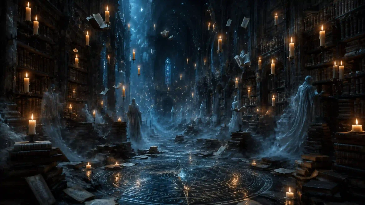 Ancient haunted library filled with floating books, ghostly figures, glowing magic circles, and candlelit gothic architecture in stunning 4K fantasy artwork