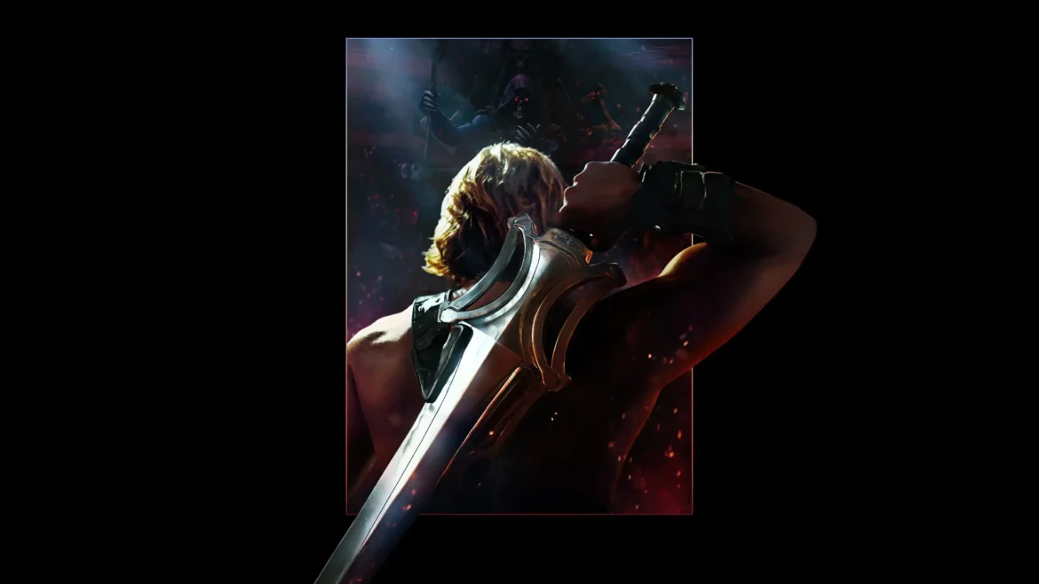 He-Man holding the Sword of Power while facing a dark enemy in He-Man: Masters of the Universe, Ultra HD 4K movie wallpaper